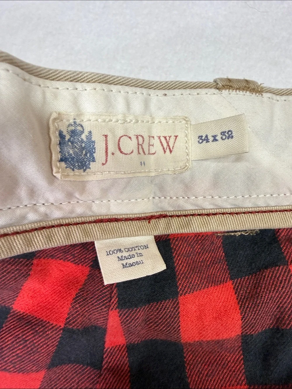 J. Crew Tan Chinos with Red Plaid Lining